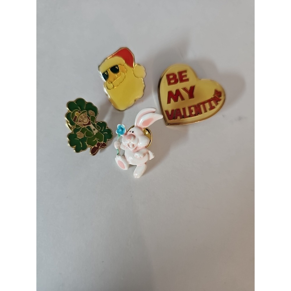 4 Vintage Enamel Holiday Pins Santa, Easter Bunny, St Patty‎ Day Valentine Heart